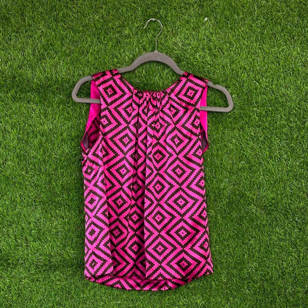 Tori Burch Silk Top with Tie with Pixel Diamond Pattern - Fuchsia and Black Sz 4